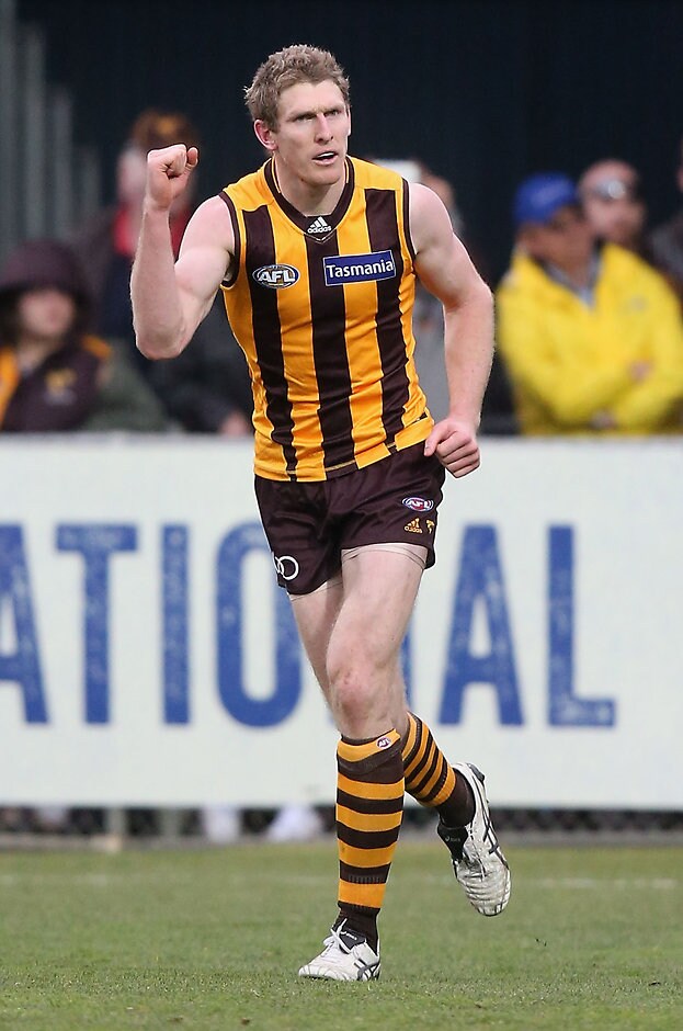 AFL 2016 Rd 19 - Hawthorn v Carlton LAUNCESTON, AUSTRALIA - JULY 30: Ben McEvoy of the Hawks celebrates a goal during the 2016 AFL Round 19 match between the Hawthorn Hawks and the Carlton Blues at Aurora Stadium on July 30, 2016 in Launceston, Australia. (Photo by Sean Garnsworthy/AFL Media)